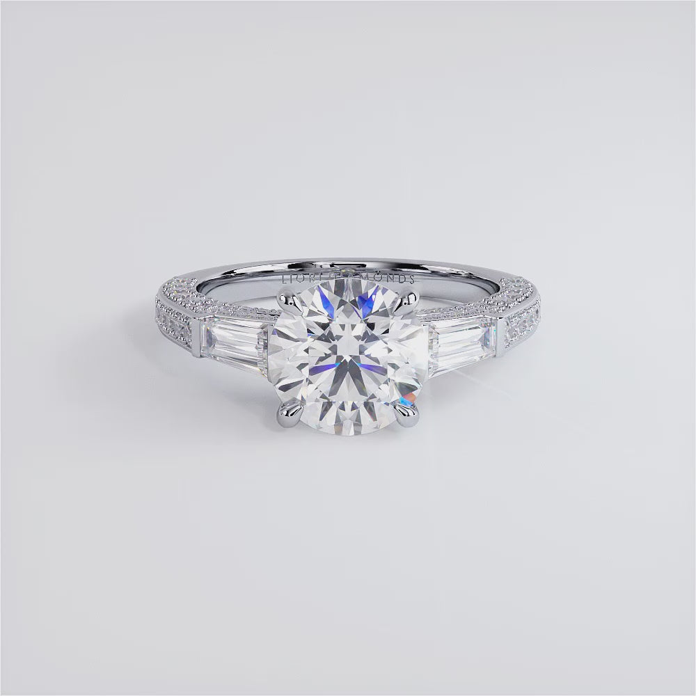 2 Carat Round Brilliant & Tapered Baguette Three Stone Micropavé