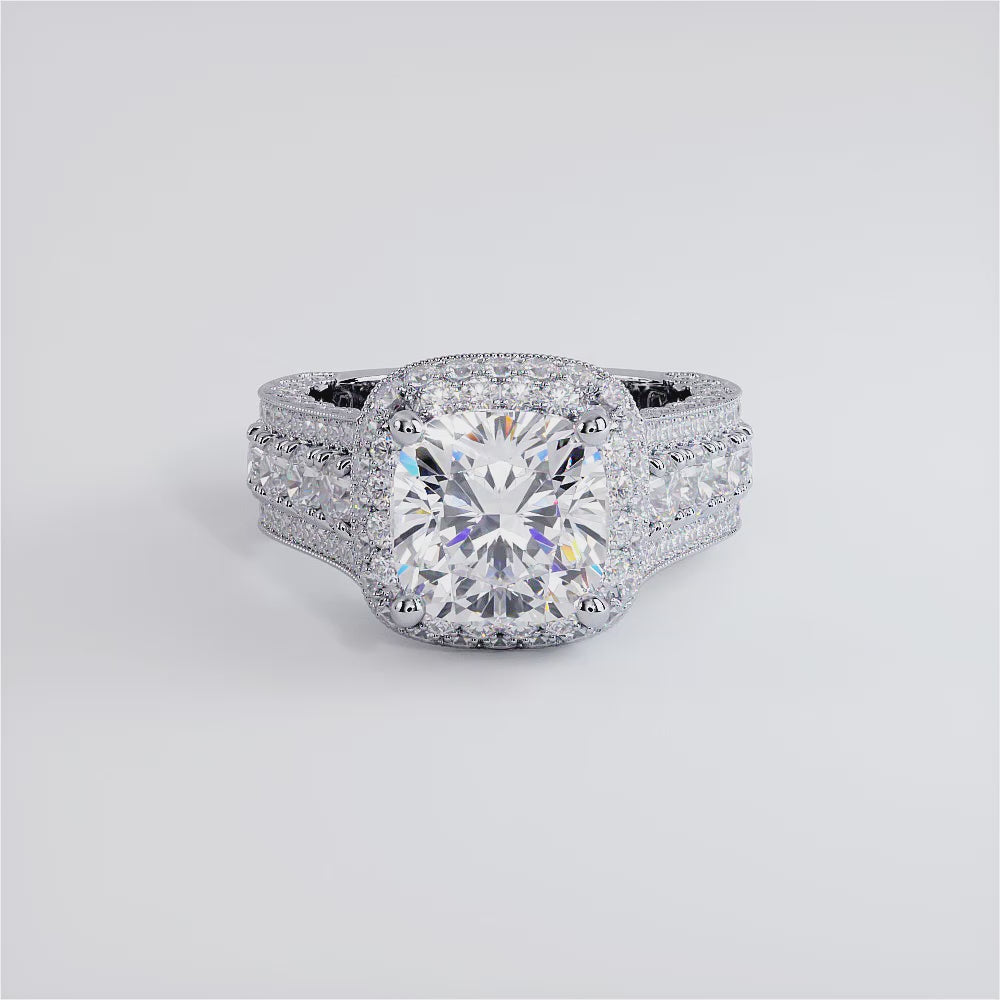 3.5 Carat Cushion Cut Vintage Style Micropavé Halo Graduated Shank