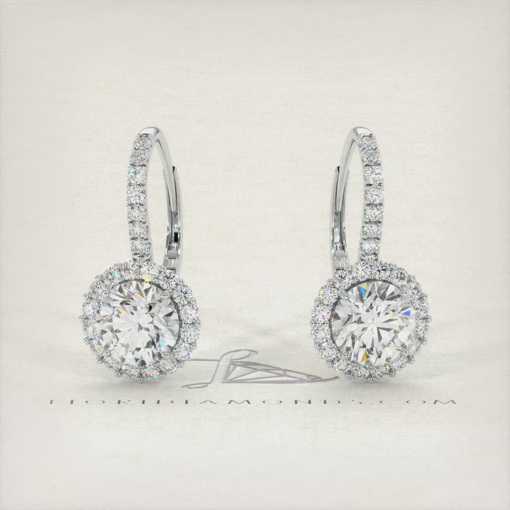 2.53 Carat Round Diamond Leverback Hanging Drop Earrings 18k White Gold