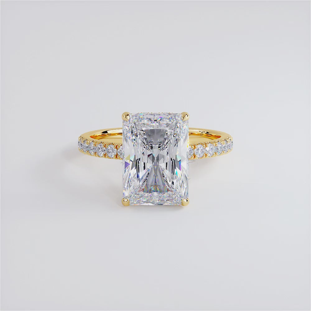 4.83ctw GIA Certified E-VVS2 Radiant Cut Under Halo Petite Micropavé Lab Grown Diamond Engagement Ring set in 14k Yellow Gold