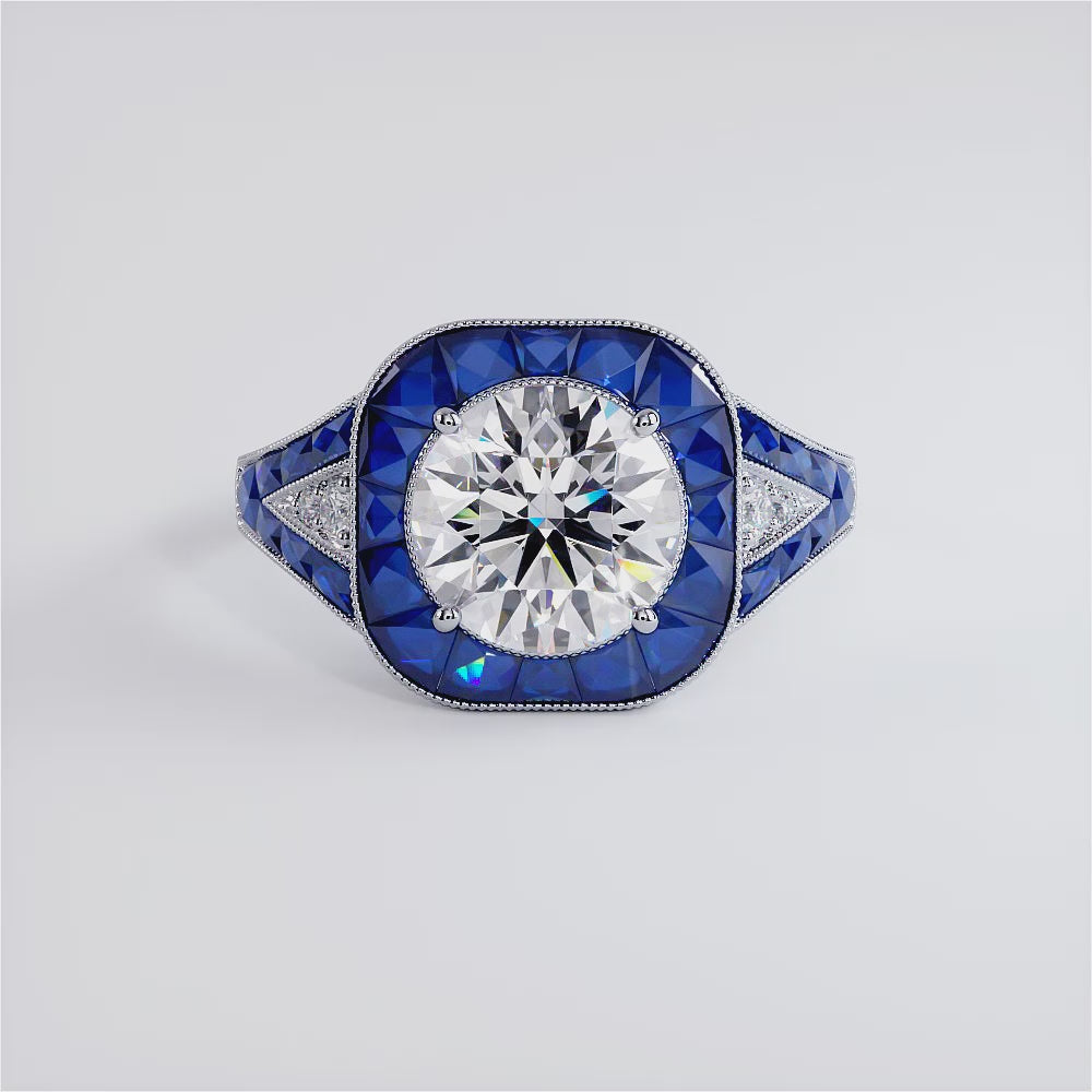 1.5 Carat Round Brilliant Antique Art Deco Sapphire & Diamond
