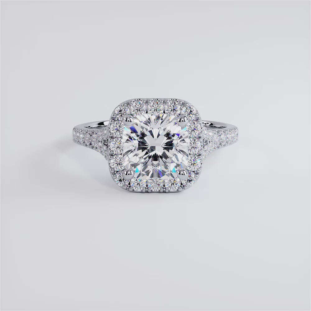 2 Carat Cushion Cut Halo Split Shank Micropavé