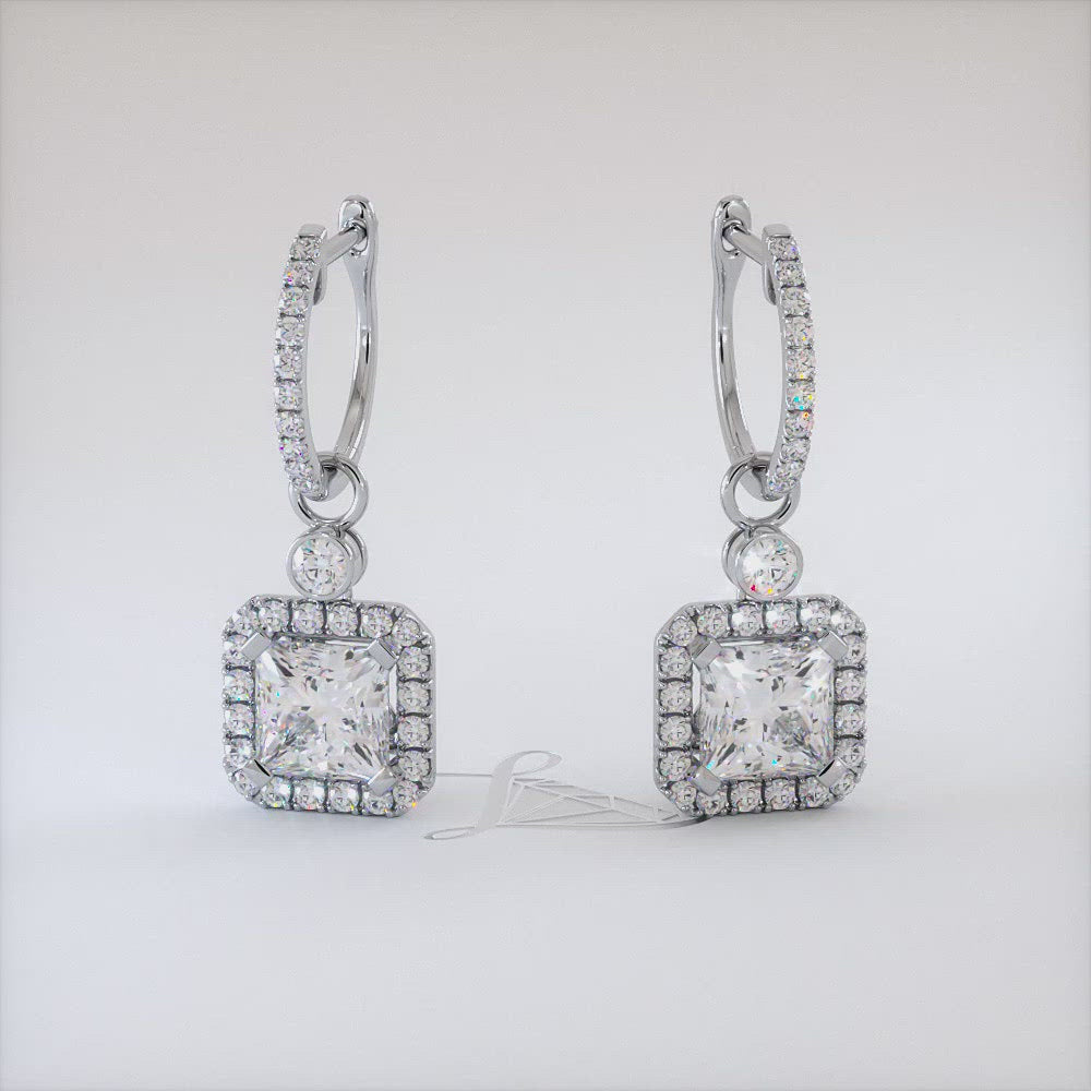 3.85 Carat Princess Cut Diamond Leverback Hanging Drop Earrings 18k White Gold