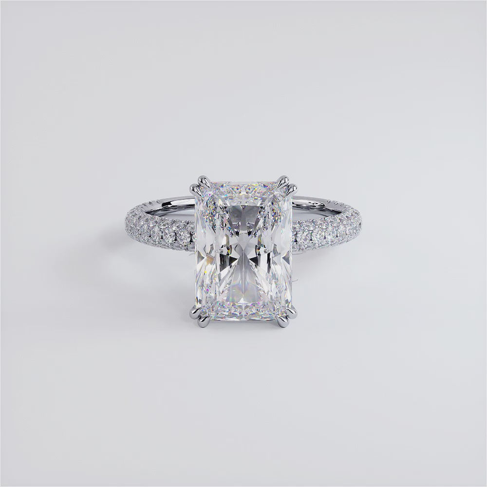 4.60ctw GIA Certified E-VS1 Radiant Cut Trio Micropavév Lab Grown Diamond Engagement Ring set in 18k White Gold