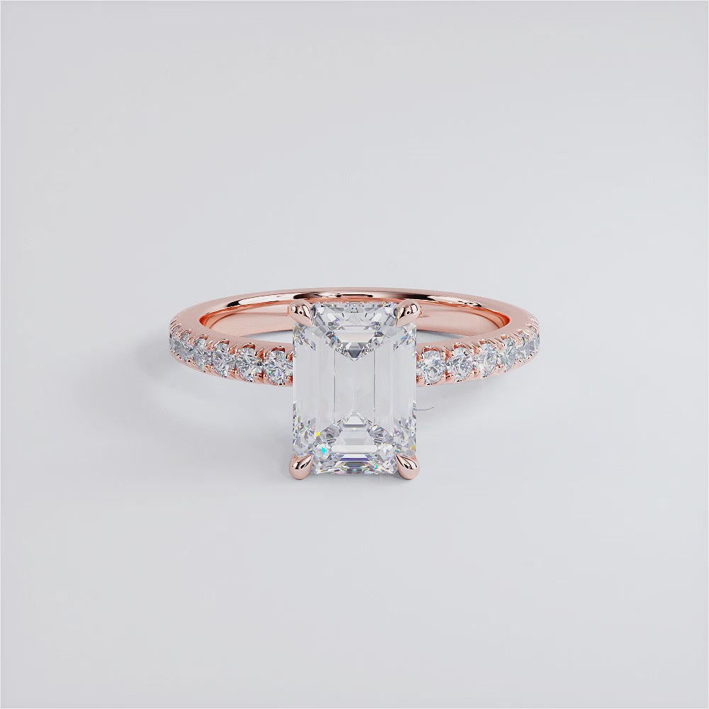 2.47ctw GIA Certified D-VS1 Emerald Cut Under Halo Petite Micropavé Lab Grown Diamond Engagement Ring set in 14k Rose Gold