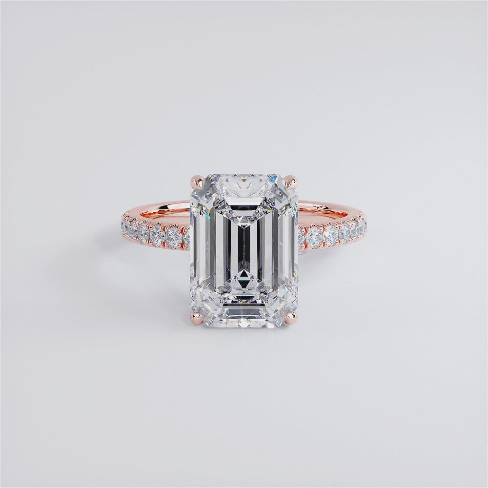 4.83ctw GIA Certified E-VS1 Emerald Cut Under Halo Petite Micropavé Lab Grown Diamond Engagement Ring set in 14k Rose Gold
