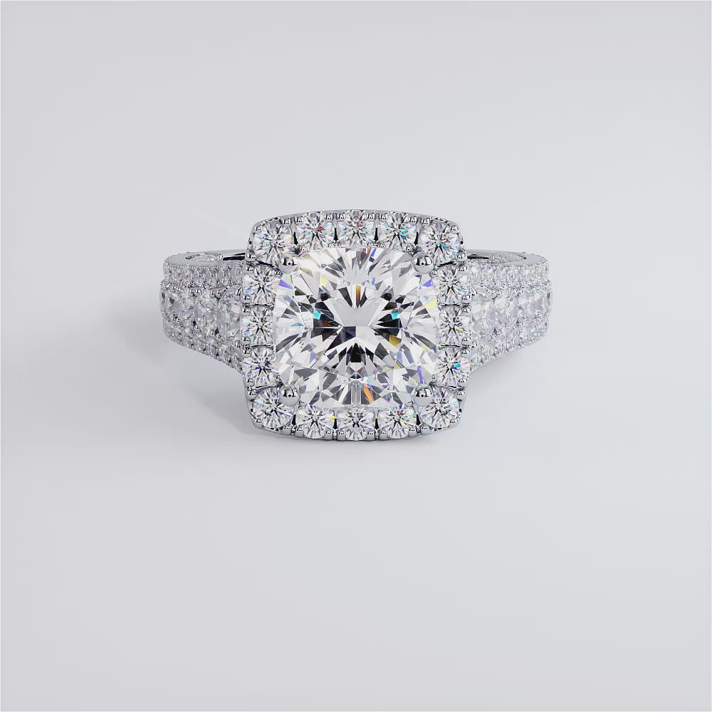 2 Carat Cushion Cut Vintage Style Micropavé Halo Graduated Shank