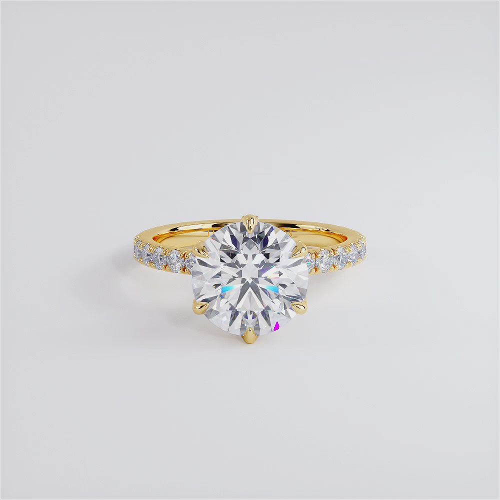 4.62ctw GIA Certified G-VS1 Round Brilliant Micropavé 6 Prong Petite Lab Grown Diamond Engagement Ring 14k Yellow Gold
