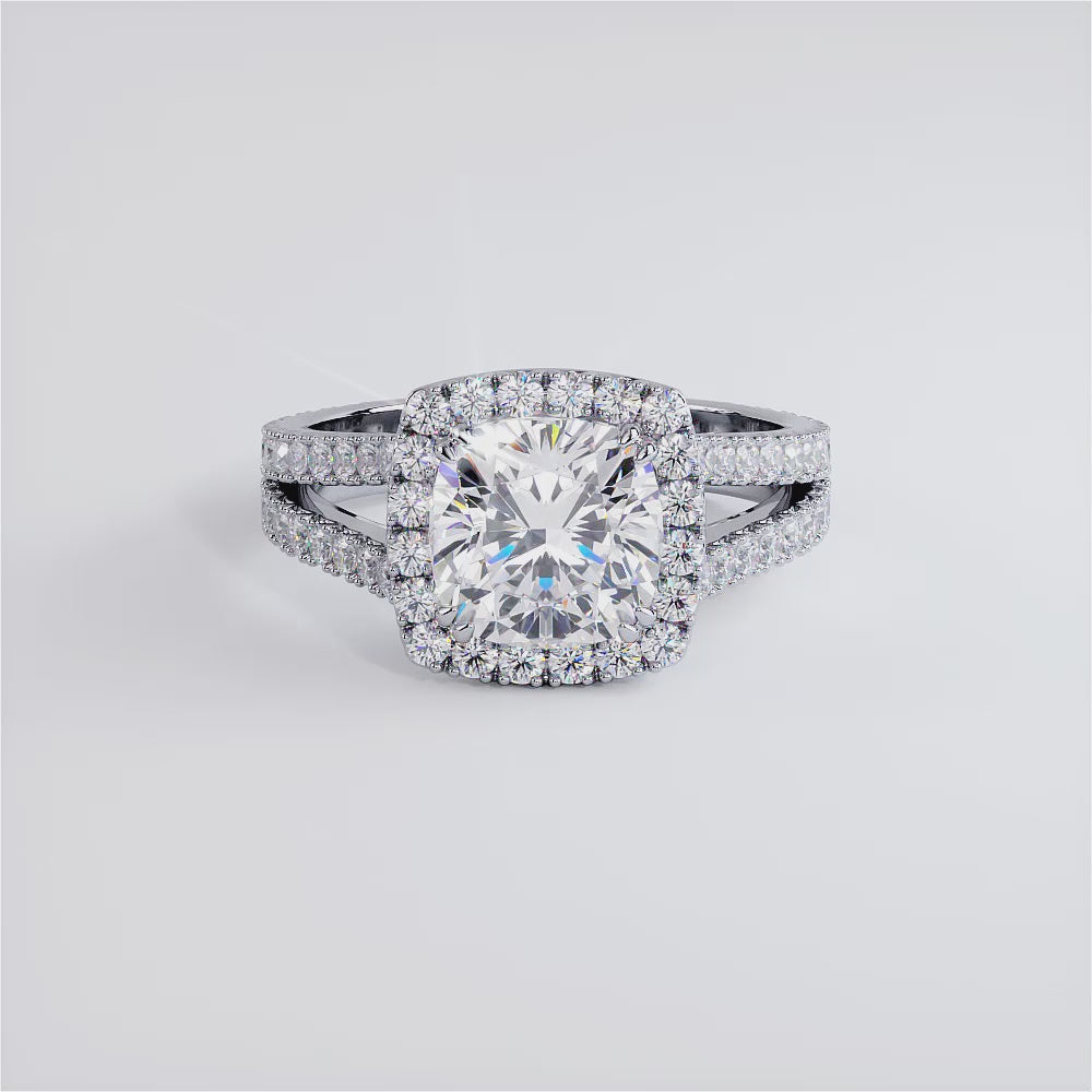 2 Carat Cushion cut Halo Split Shank French Cut