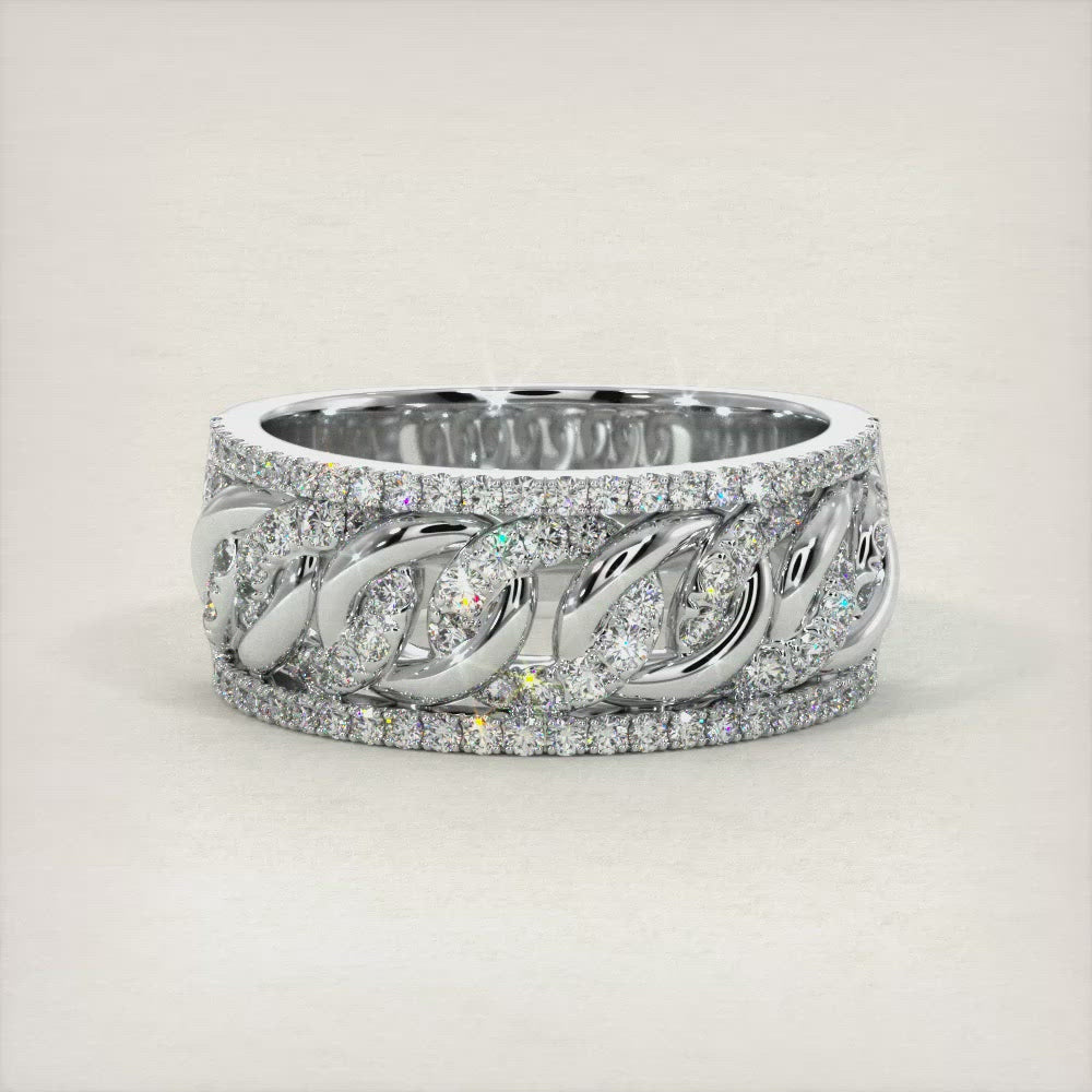 0.53 Carat F-VS Pave Cuban Link Diamond  Ring 14k White Gold