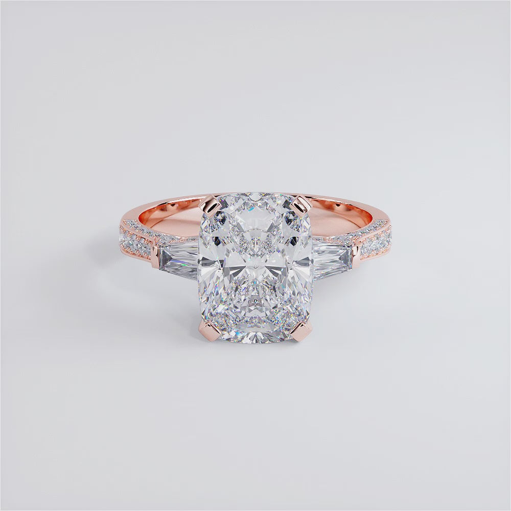 5.09ctw GIA Certified Cushion Cut & Tapered Baguette Three Stone Micropavé Lab Grown Diamond Engagement Ring set in 14k Rose Gold