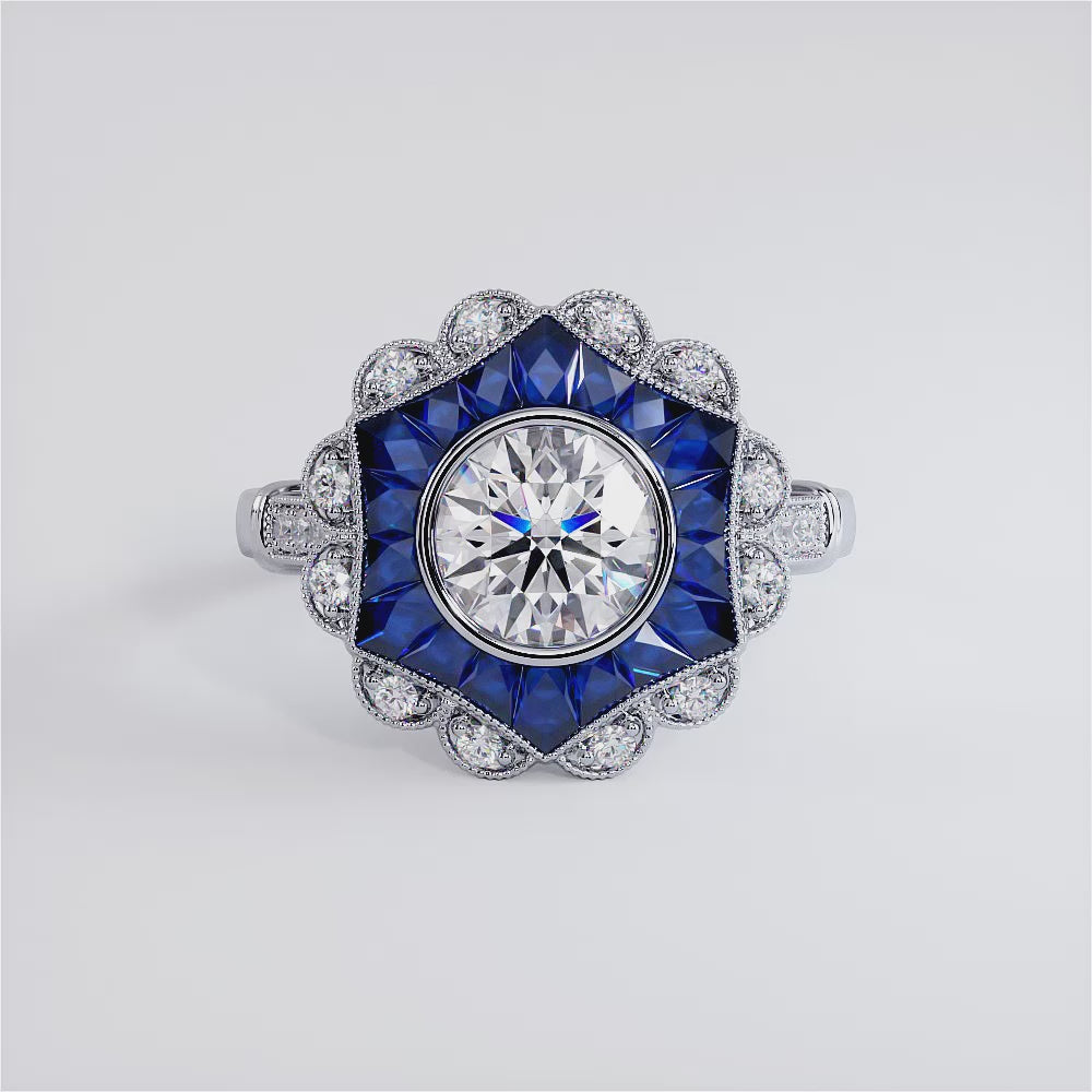 1.5 Carat Round Brilliant Antique Art Deco Sapphire & Diamond