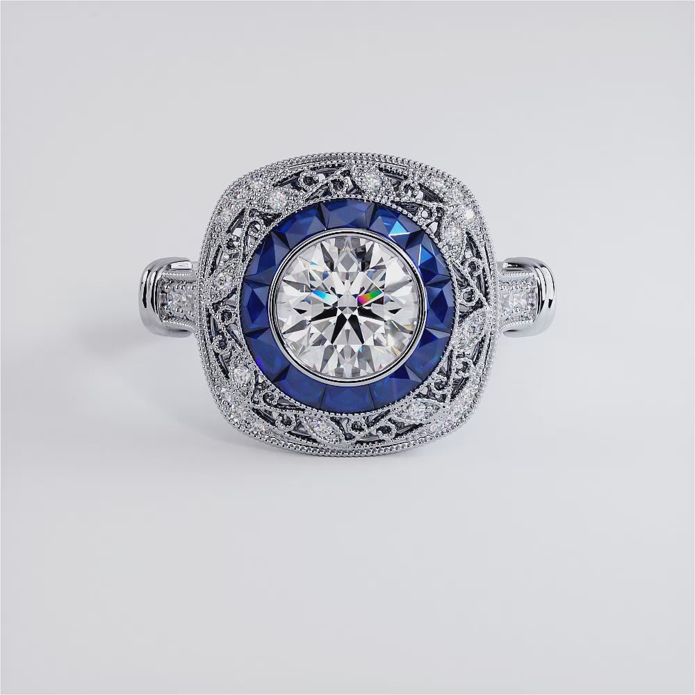 1 Carat Round Brilliant Antique Art Deco Sapphire & Diamond