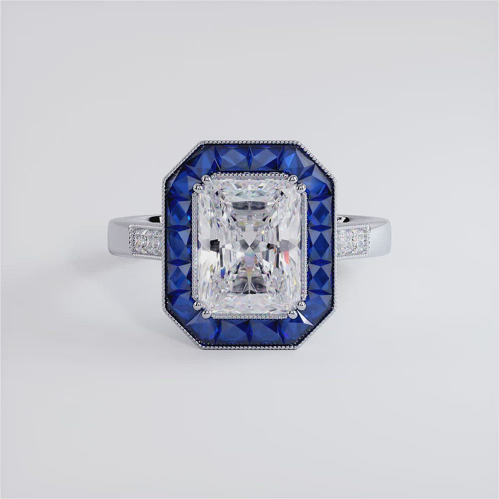2.00ct Radiant Cut Antique Art Deco Sapphire & Diamond Engagement Ring Setting (1.45ctw) in Platinum