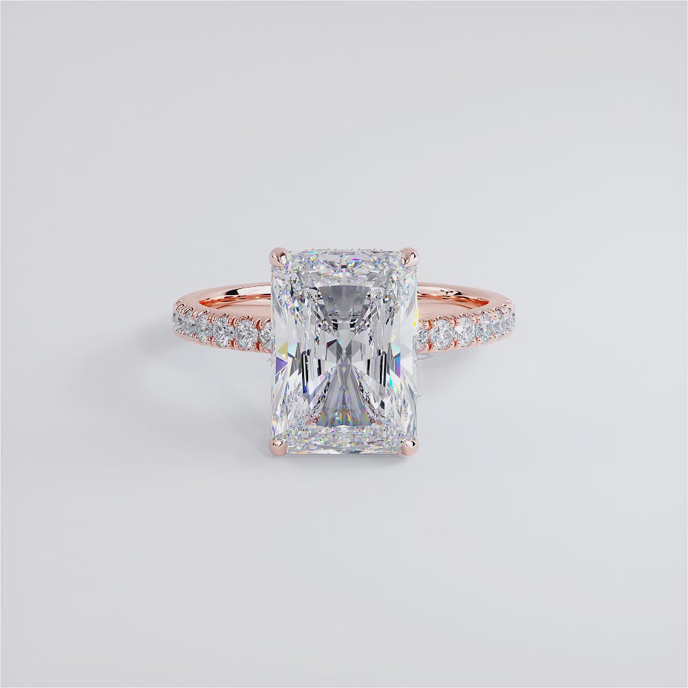 4.83ctw GIA Certified E-VVS2 Radiant Cut Under Halo Petite Micropavé Lab Grown Diamond Engagement Ring set in 14k Rose Gold