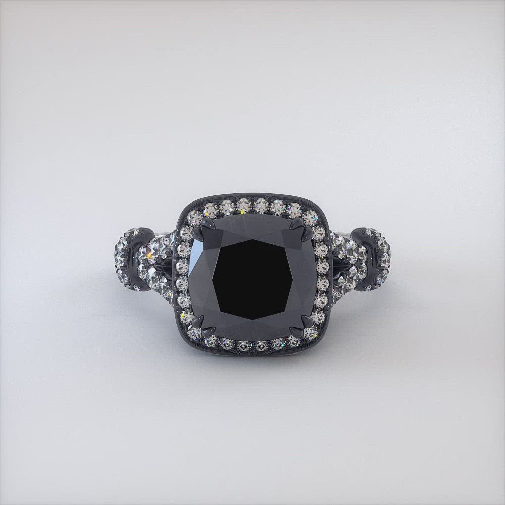 4.28ctw Cushion Cut Black Diamond Ring 18k Black Gold Pave Halo Vintage Style