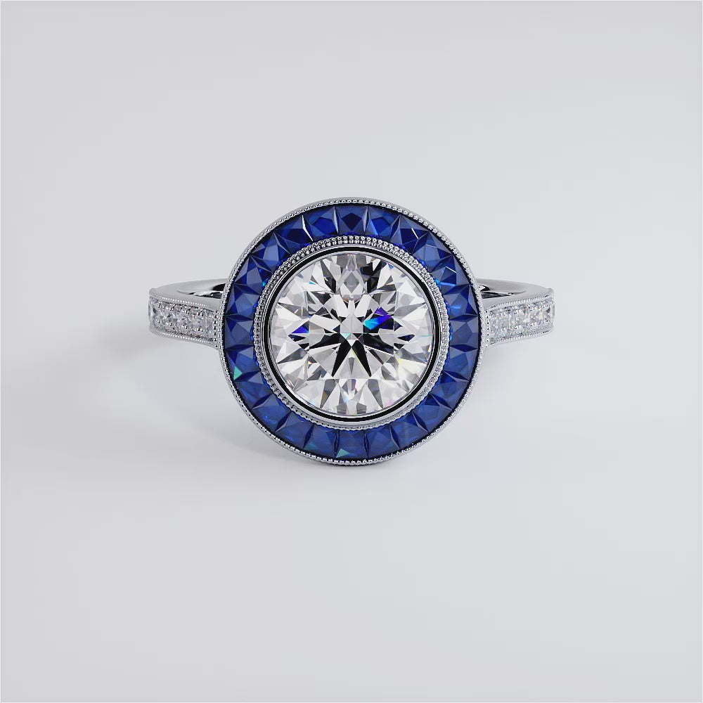 2 Carat Round Brilliant Antique Art Deco Bezel Set Sapphire & Diamond
