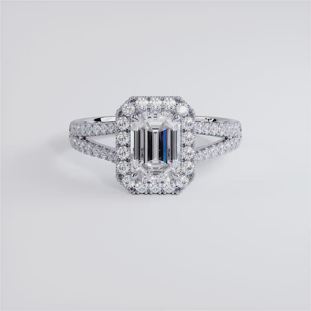 1 Carat Emerald Cut French Cut Halo Split Shank
