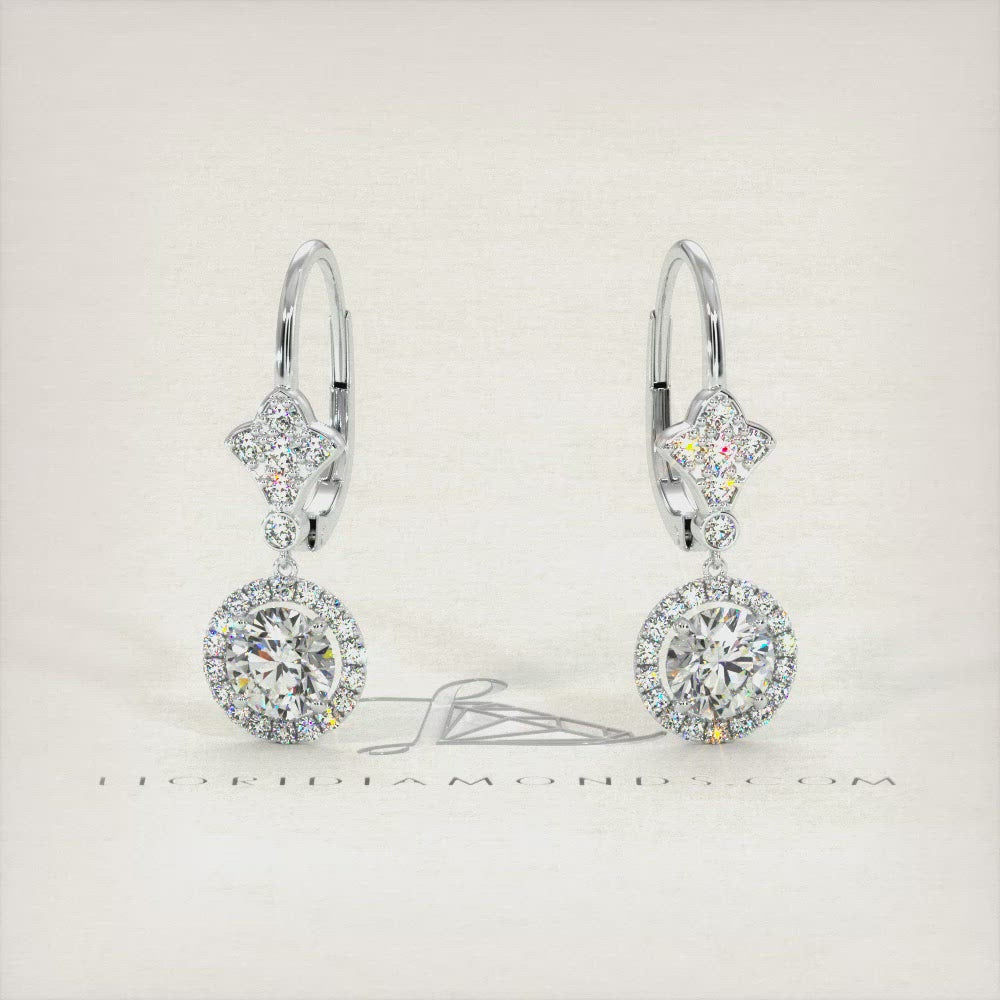 2.00 Carat Round Diamond Leverback Hanging Drop Earrings 18k White Gold
