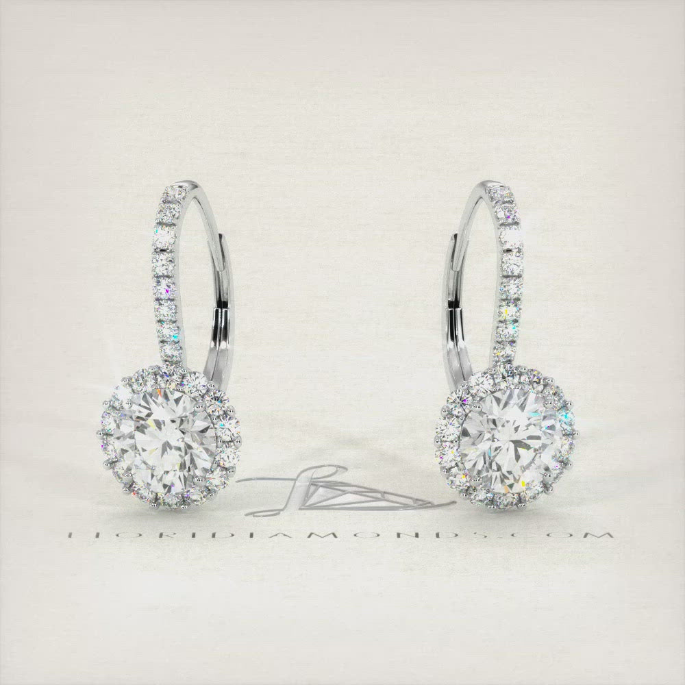 1.42 Carat Round Diamond Leverback Hanging Drop Earrings 18k White Gold