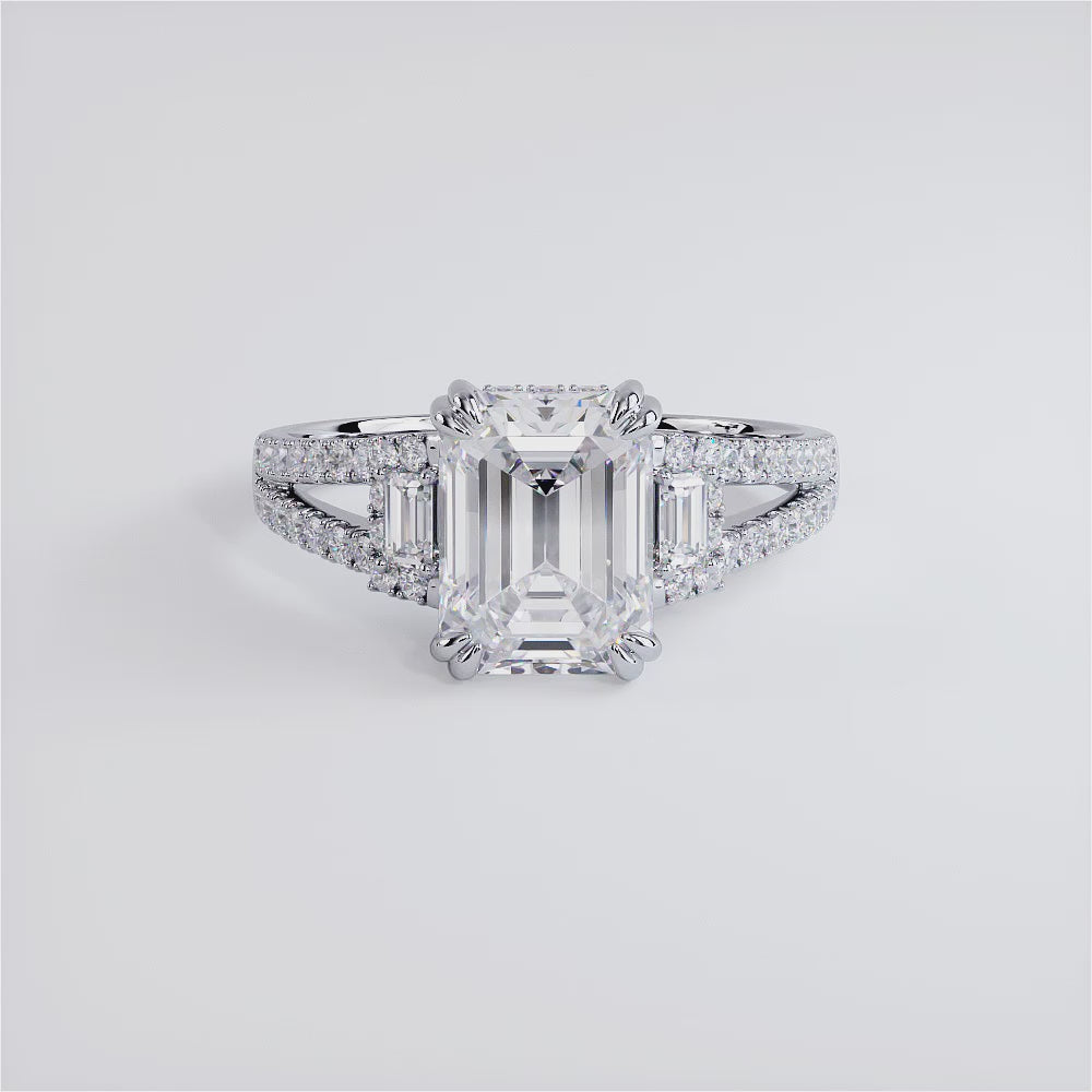 2.20ctw GIA Certified G-VS1 Emerald Cut Three Stone Micropavé Split Shank Lab Grown Diamond Engagement Ring set in 18k White Gold