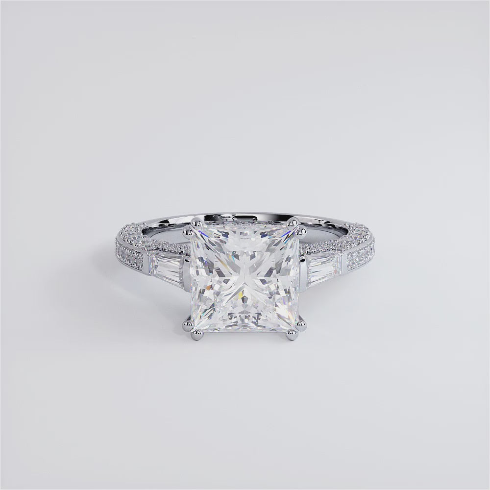 3 Carat Princess Cut & Tapered Baguette Three Stone Micropavé