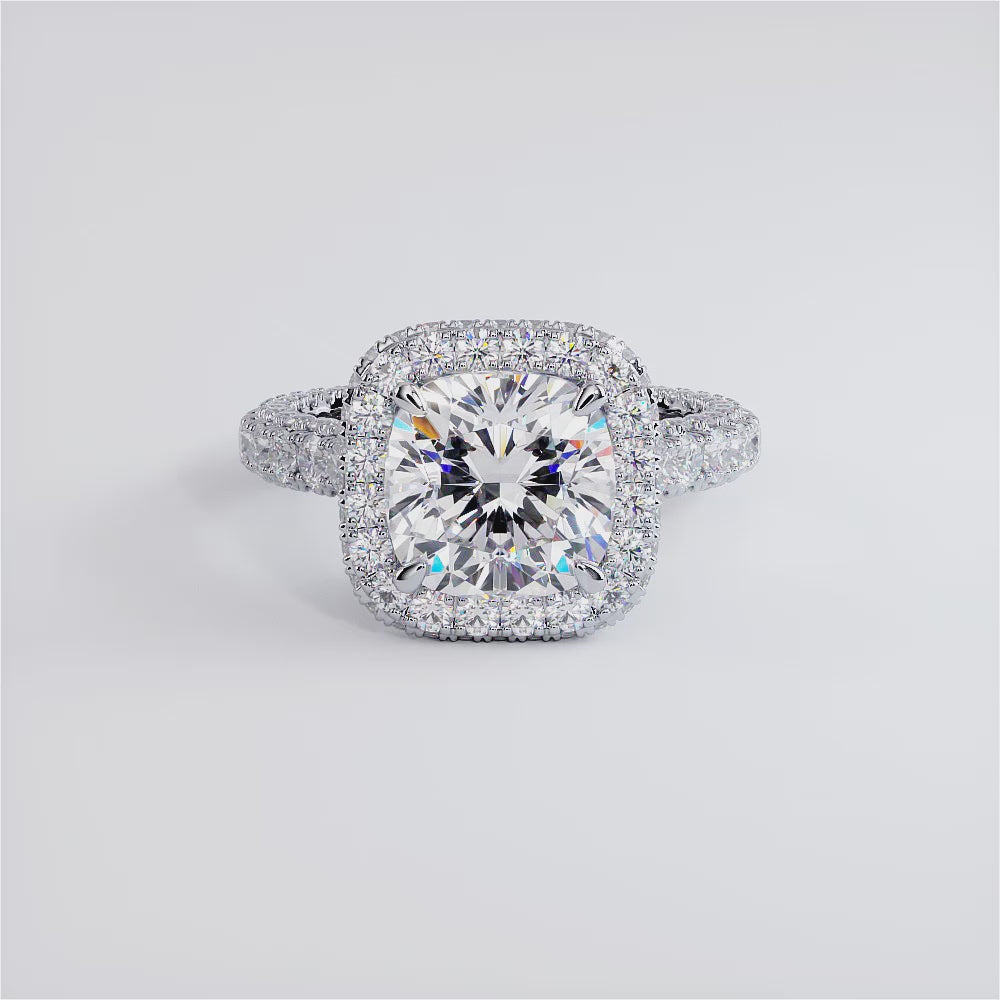 3 Carat Cushion Cut Halo 3D Micropavé Shank