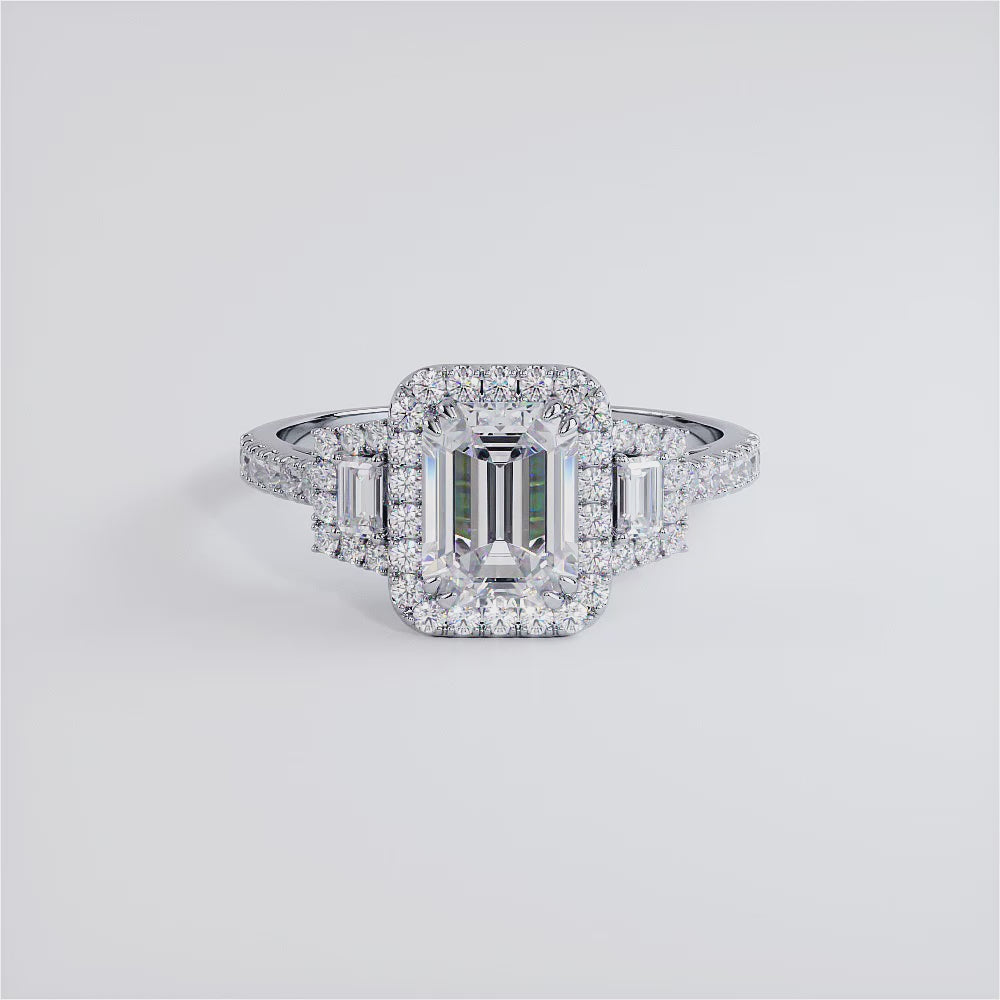 1.5 Carat Emerald Cut Three Stone Micropavé Halo