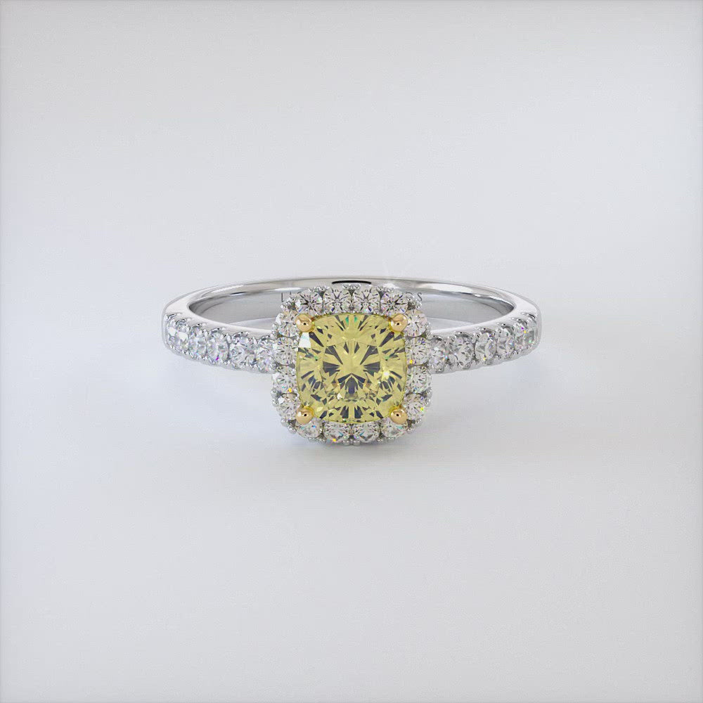 1.52 Carat Fancy Yellow Cushion Cut Diamond Engagement Ring 18k Gold Pave Halo
