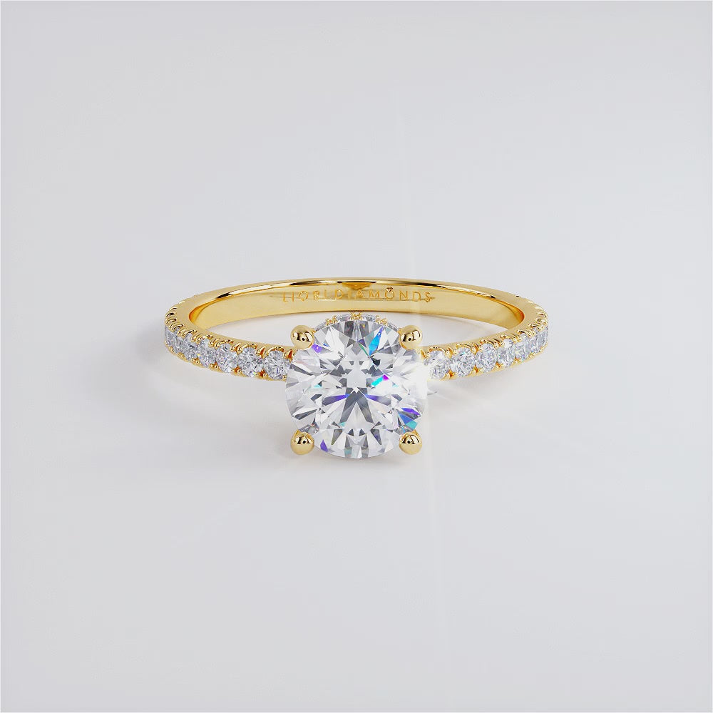 1.33ctw GIA Certified Round Brilliant Under Halo Petite Micropavé Lab Grown Diamond Engagement Ring set in 14k Yellow Gold