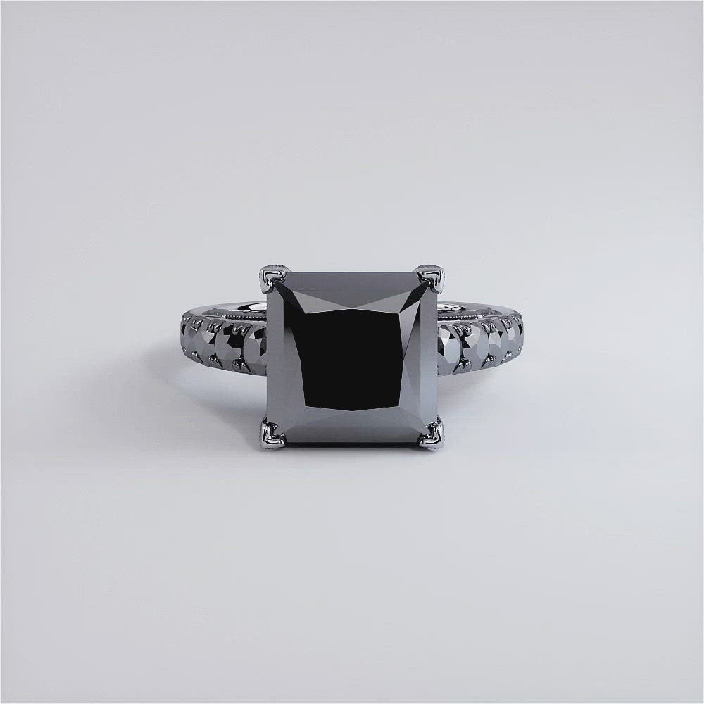 7.55 Carat Princess Cut Natural Black Diamond Engagement Ring 14k White Gold