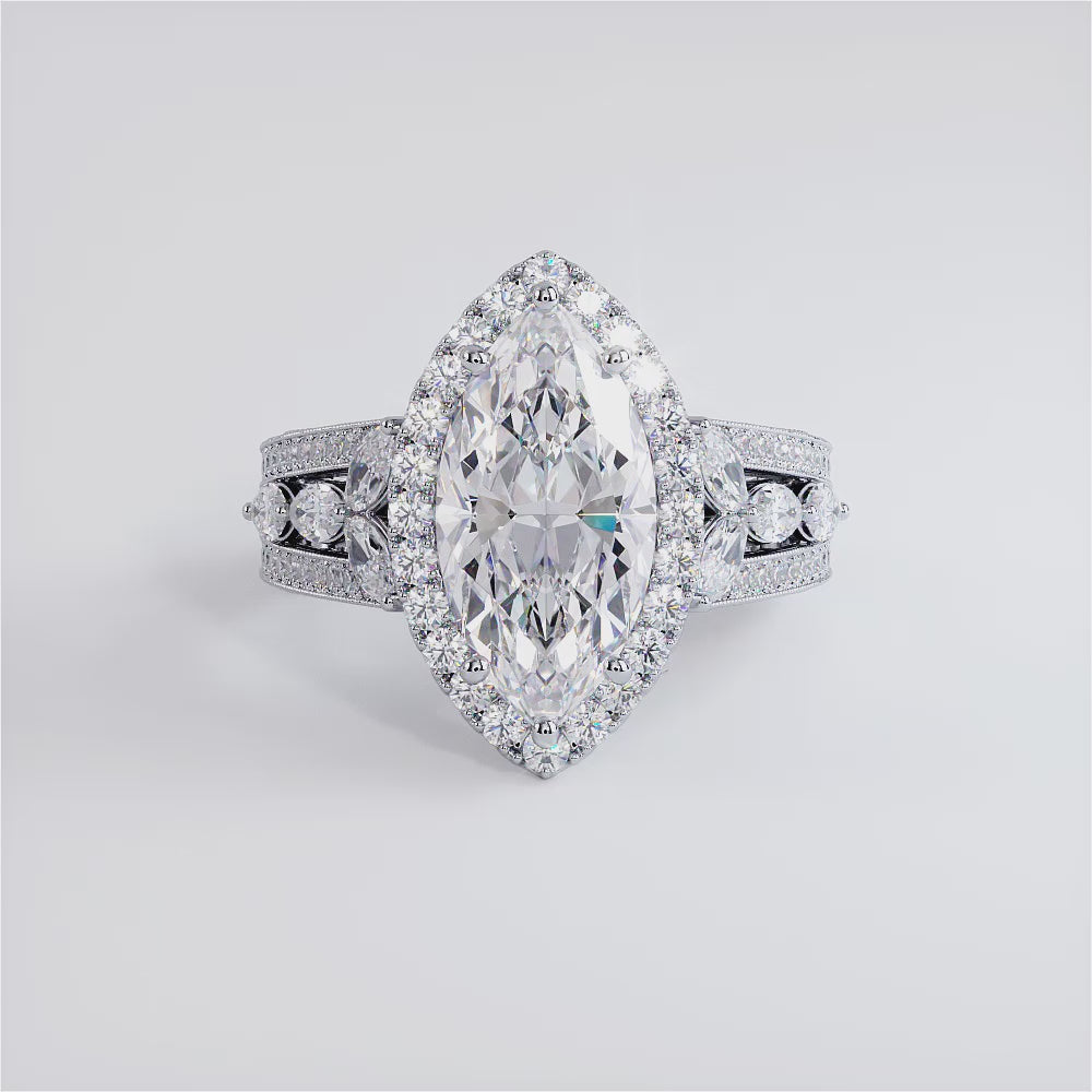 3 Carat Marquise Cut Micropavé Halo Vintage Style Milgrain