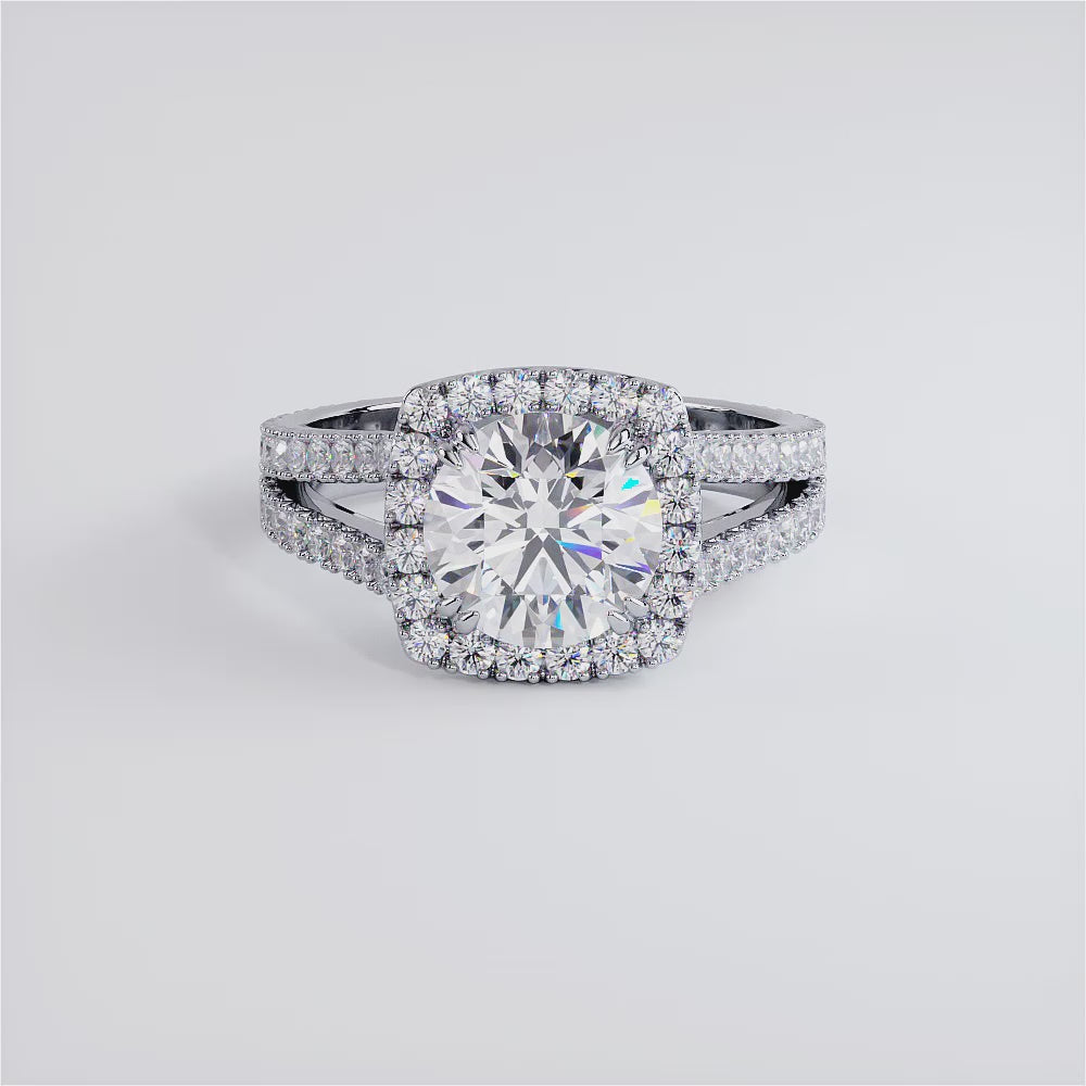 2 Carat Round Brilliant Halo Split Shank French Cut