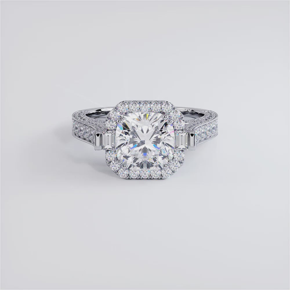 2 Carat Cushion Cut Micropavé Halo 3D Milgrain