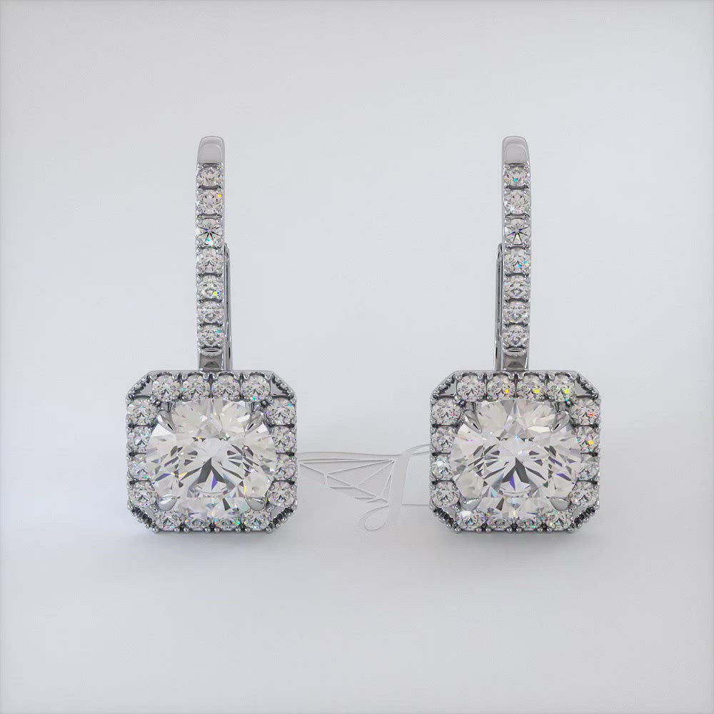 2.00 Carat Round Diamond Leverback Hanging Drop Earrings 18k White Gold