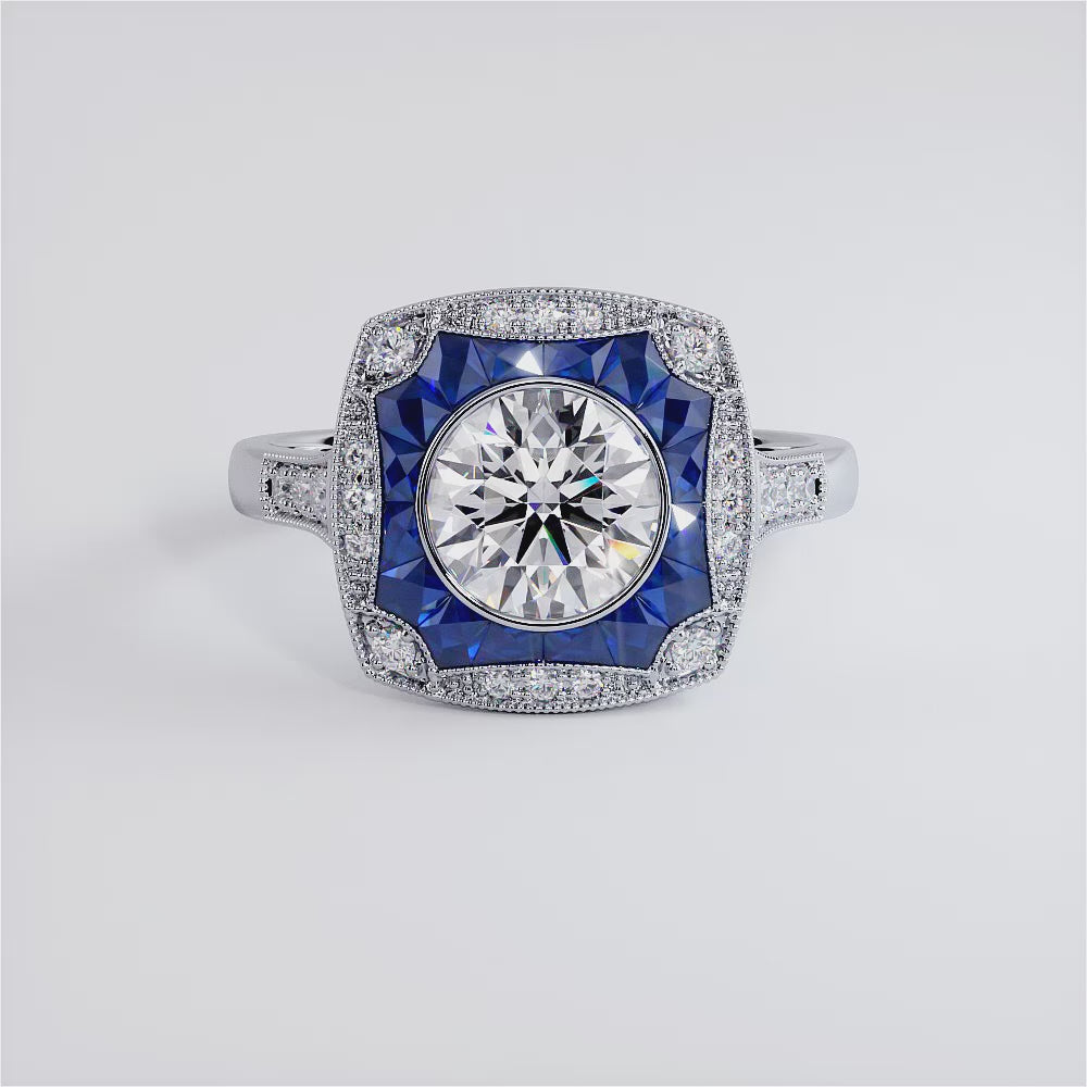 1 Carat Round Brilliant Antique Art Deco Sapphire & Diamond