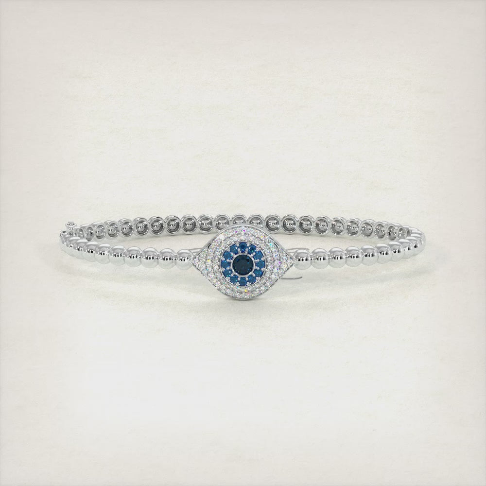 0.78 Carat Diamond Evil Eye Bracelet Beaded Bangle Cuff 14k White Gold