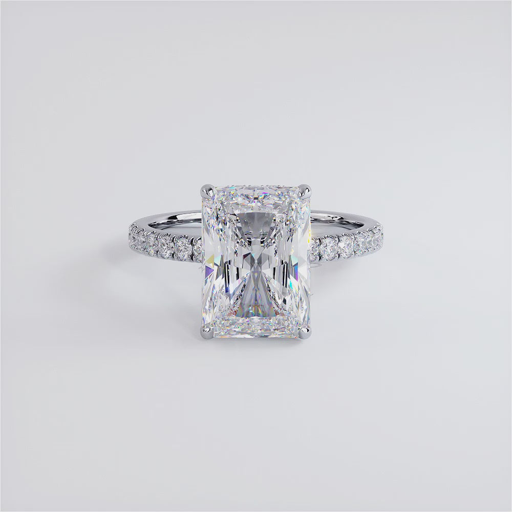 4.83ctw GIA Certified E-VVS2 Radiant Cut Under Halo Petite Micropavé Lab Grown Diamond Engagement Ring set in 14k White Gold