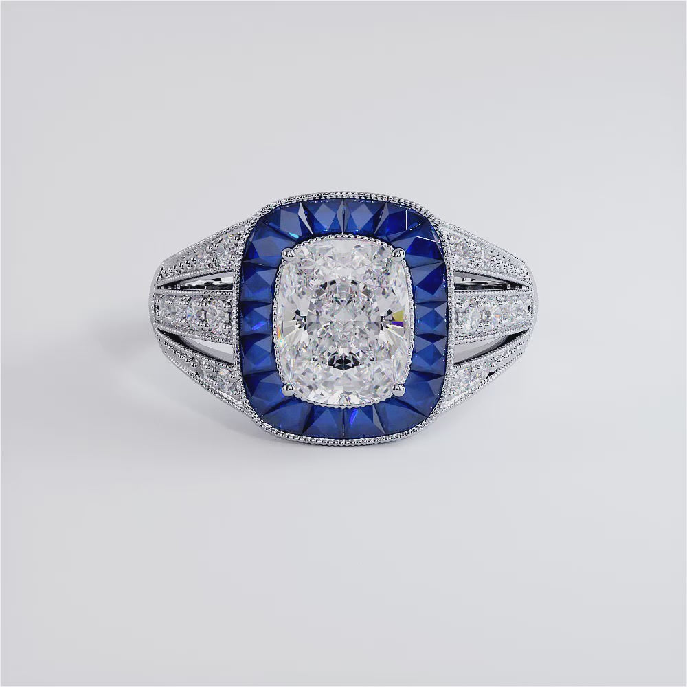 1.5 Carat Cushion Cut Antique Art Deco Sapphire & Diamond