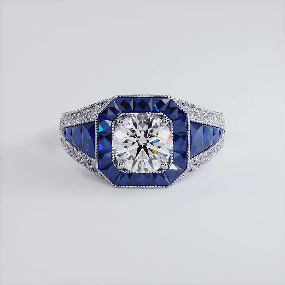 1 Carat Round Brilliant Antique Art Deco Sapphire & Diamond