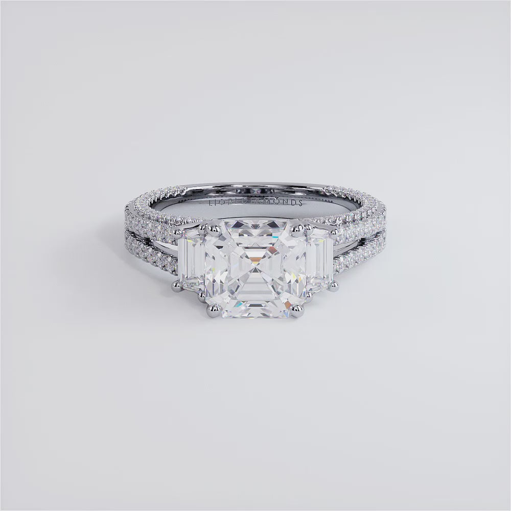 2 Carat Asscher Cut Three Stone Micropavé Split Shank