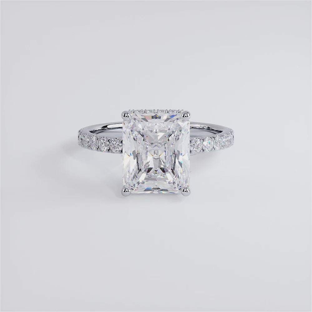 4.24 Carat F-SI1 Radiant Cut Under Halo Petite Micropavé Diamond Engagement Ring set in 14k White Gold