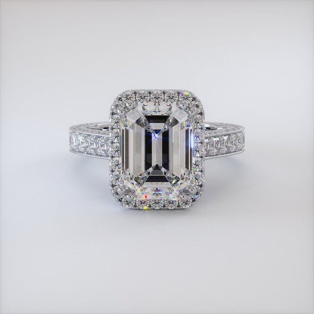 4 Carat Emerald Cut Halo Micropavé Vintage Style