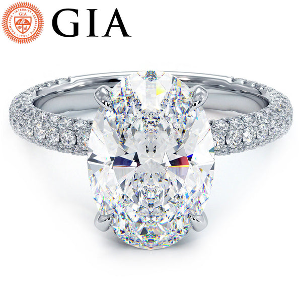 4.95ctw GIA Certified F-VS1 Oval Cut Trio Micropavé Lab Grown Diamond Engagement Ring set in 18k White Gold