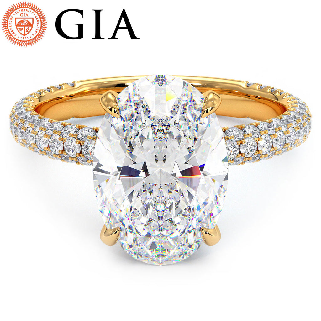 4.95ctw GIA Certified F-VS1 Oval Cut Trio Micropavé Lab Grown Diamond Engagement Ring set in 18k Yellow Gold