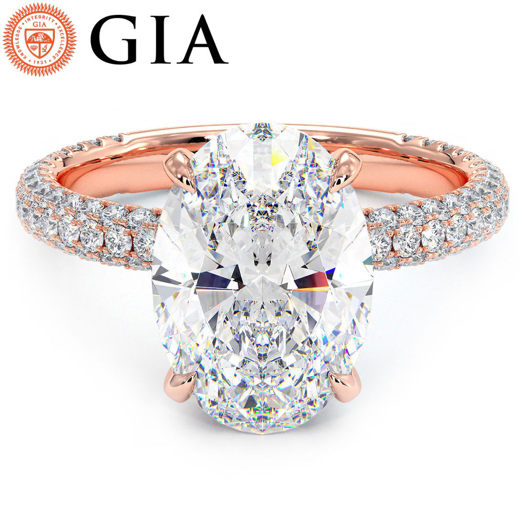 4.95ctw GIA Certified F-VS1 Oval Cut Trio Micropavé Lab Grown Diamond Engagement Ring set in 18k Rose Gold