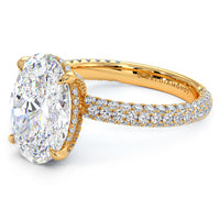 4.95ctw GIA Certified F-VS1 Oval Cut Trio Micropavé Lab Grown Diamond Engagement Ring set in 18k Yellow Gold