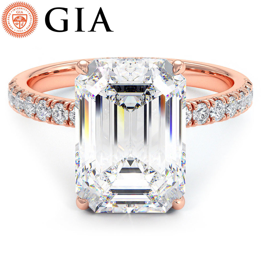 4.83ctw GIA Certified E-VS1 Emerald Cut Under Halo Petite Micropavé Lab Grown Diamond Engagement Ring set in 14k Rose Gold