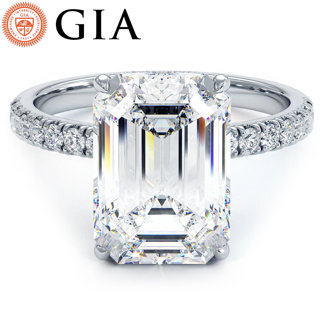 4.83ctw GIA Certified E-VS1 Emerald Cut Under Halo Petite Micropavé Lab Grown Diamond Engagement Ring set in Platinum