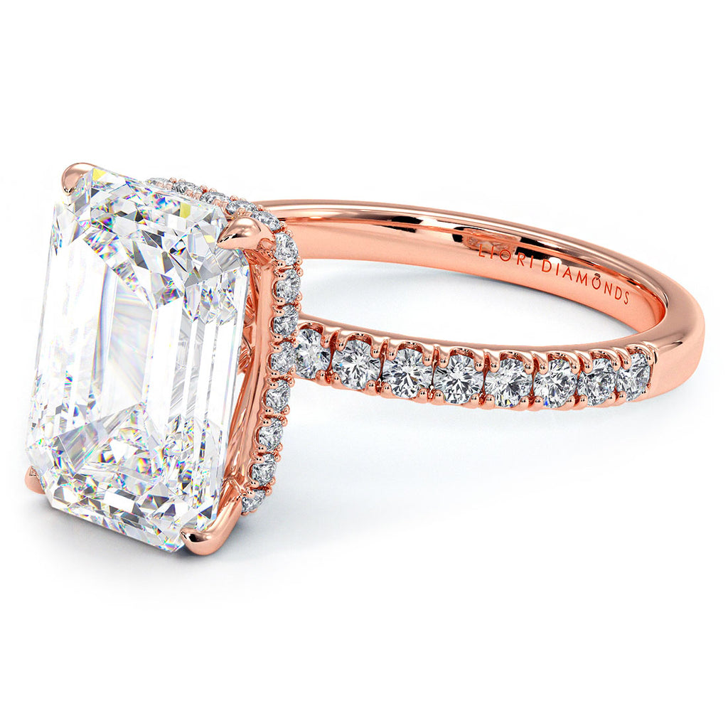 4.83ctw GIA Certified E-VS1 Emerald Cut Under Halo Petite Micropavé Lab Grown Diamond Engagement Ring set in 14k Rose Gold